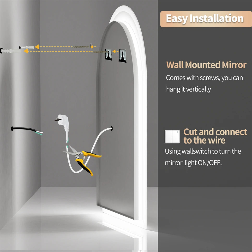 Arched LED Bathroom Mirror 600x900mm Smart Dimmable Wall Lighted Vanity Mirror with Time Temperature Dispaly Anti-fog 3 Colour