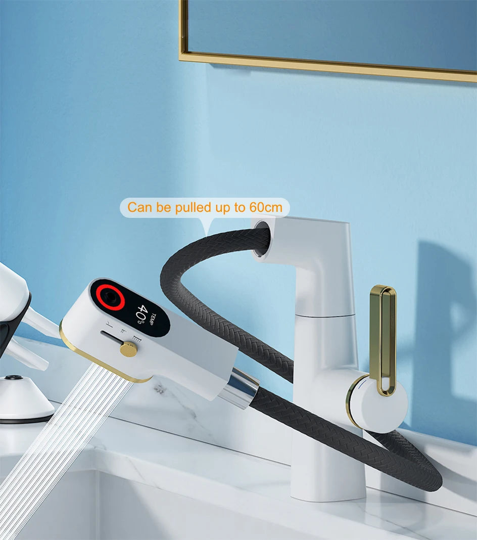 VGX Multifunctional Bathroom Faucets Pull Out Basin Mixer Sink Faucet Gourmet LED Temperature Tap 360° Tapware Crane Brass White