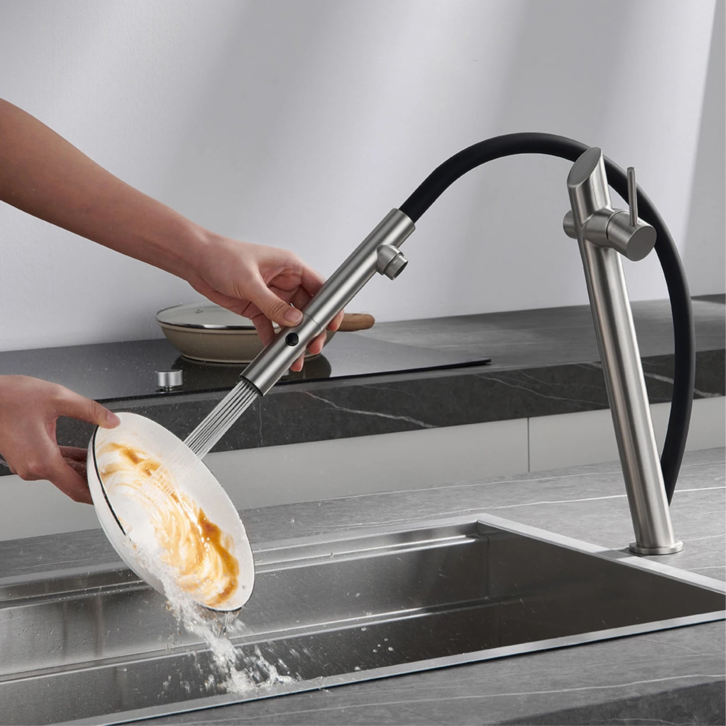 AITANA luxury brass black kitchen faucet with pull-out design, dual control magnetic suction for cold & hot 2-function sink Tap