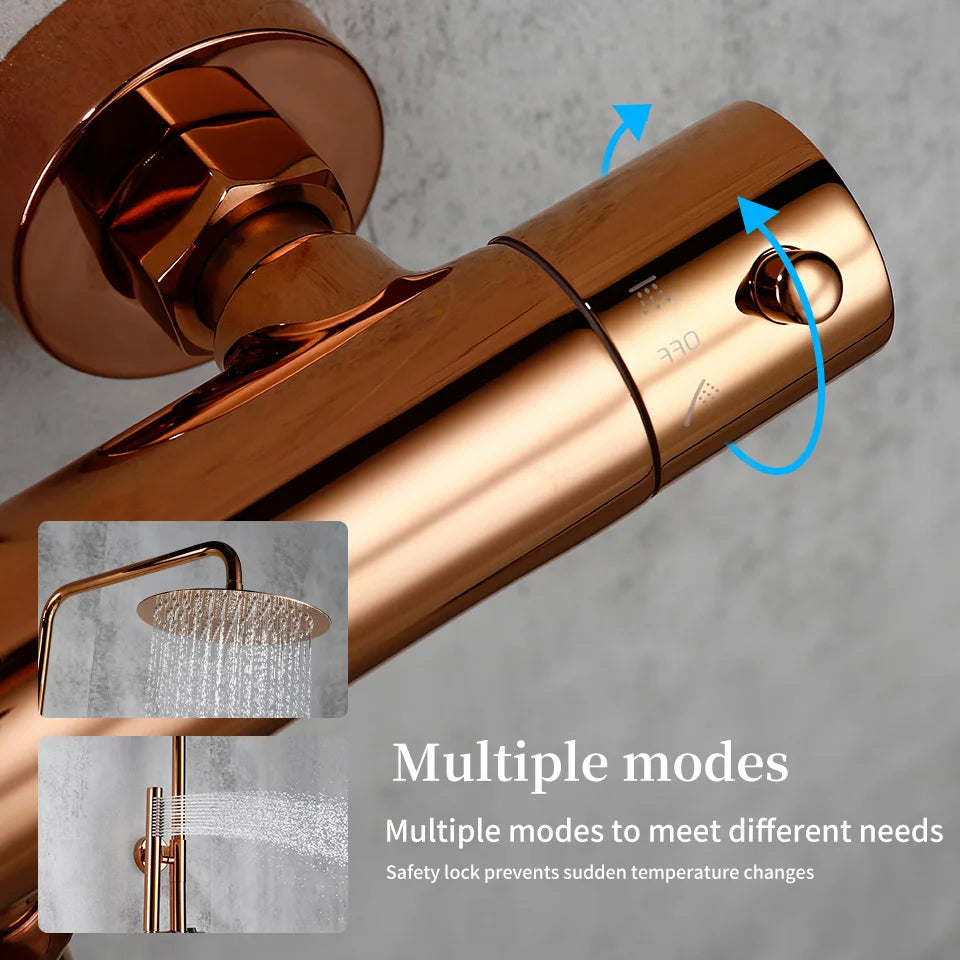 Rose Gold Thermostatic Shower Falcet Sets Wall Mount Brass Bathroom Blend Rainshower Falcet Rainfall Shower Tap Thermostat Systems
