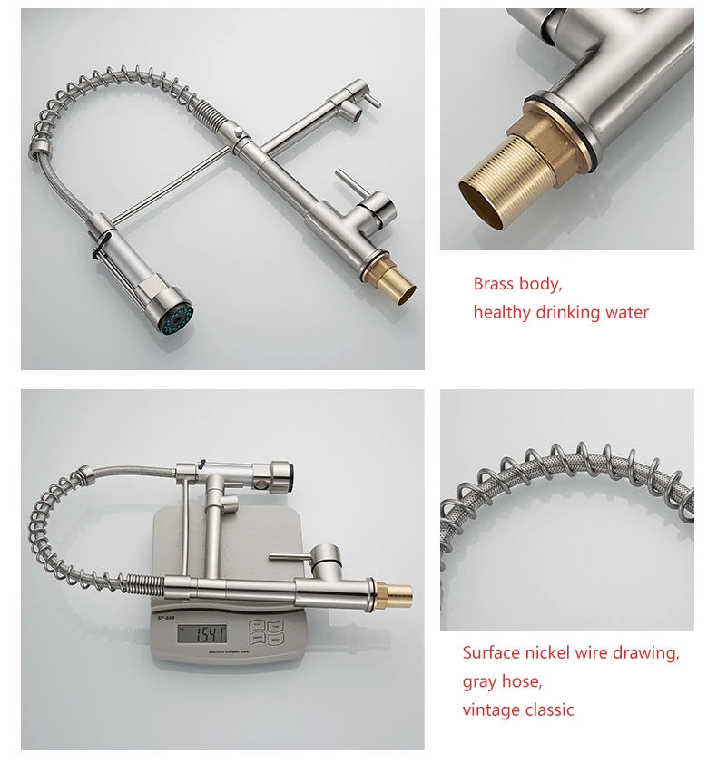 Black and Golden Brass Pulling Kitchen Sink Faucets Dual Outlet Water-Cold Hot Washing Basin Tap Deck Mounted Spring Mixer Taps