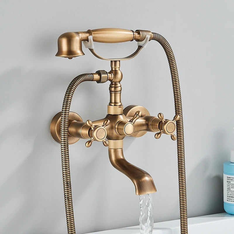 Retro Antique Brass Black Bronze Bathtub Shower Faucets Set Dual Knobs Mixer Tap Wall Mounted Bath Shower Set Swivel Tub Spout
