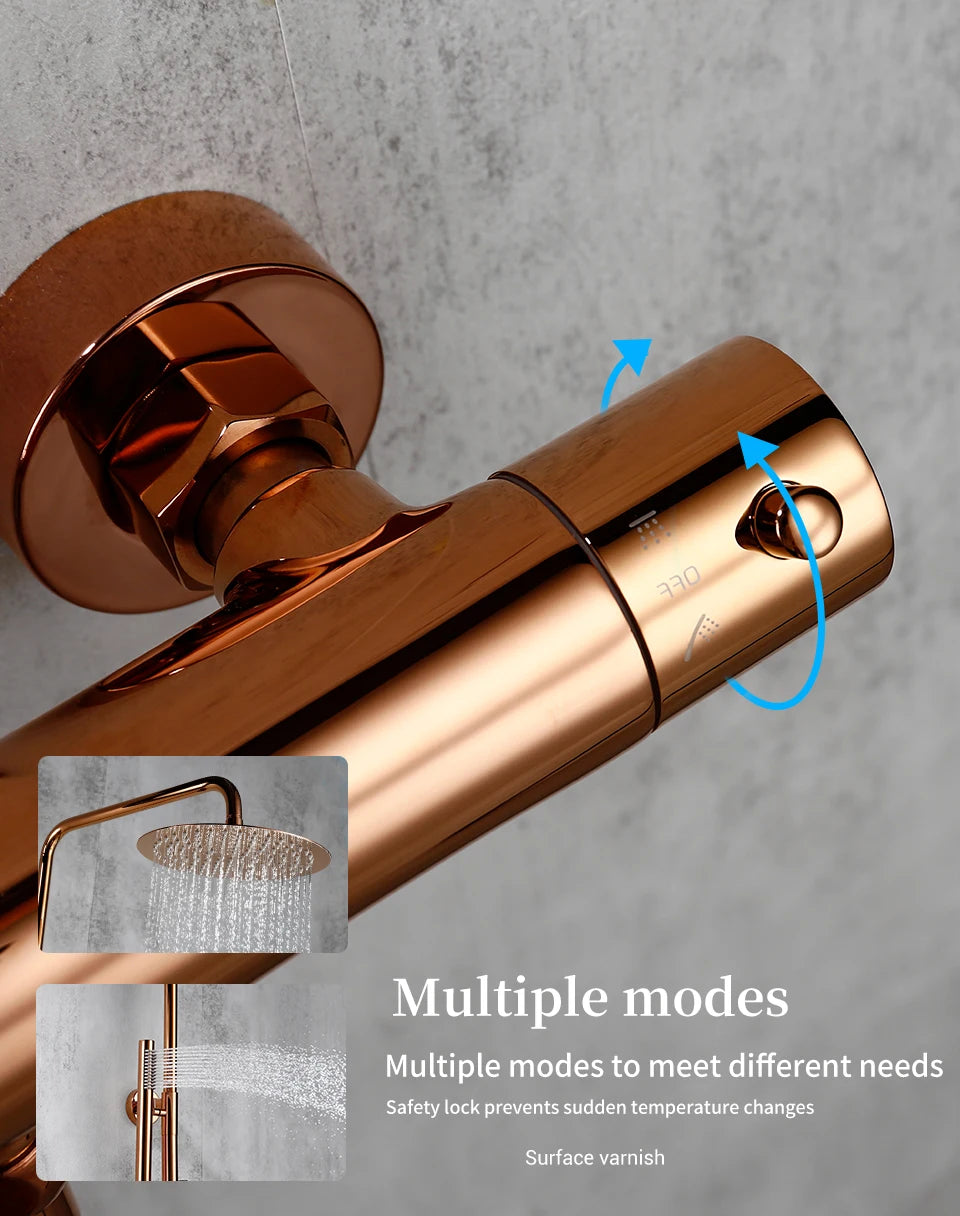 Rose Gold Thermostatic Shower Falcet Sets Wall Mount Brass Bathroom Blend Rainshower Falcet Rainfall Shower Tap Thermostat Systems