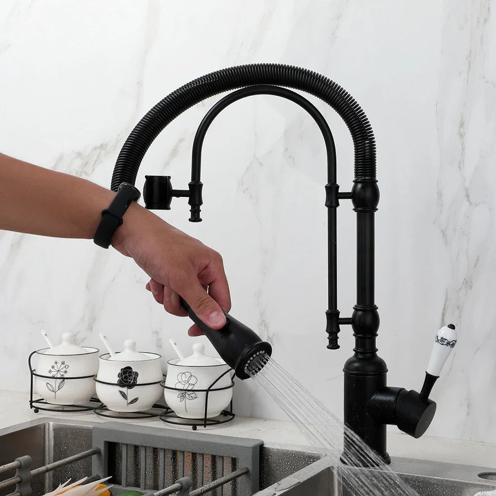 Golden Spring Pull Down Kitchen Sink Faucet Hot & Cold Mixer Crane Tap with Dual Spout Deck Mounted Hot Cold Faucets