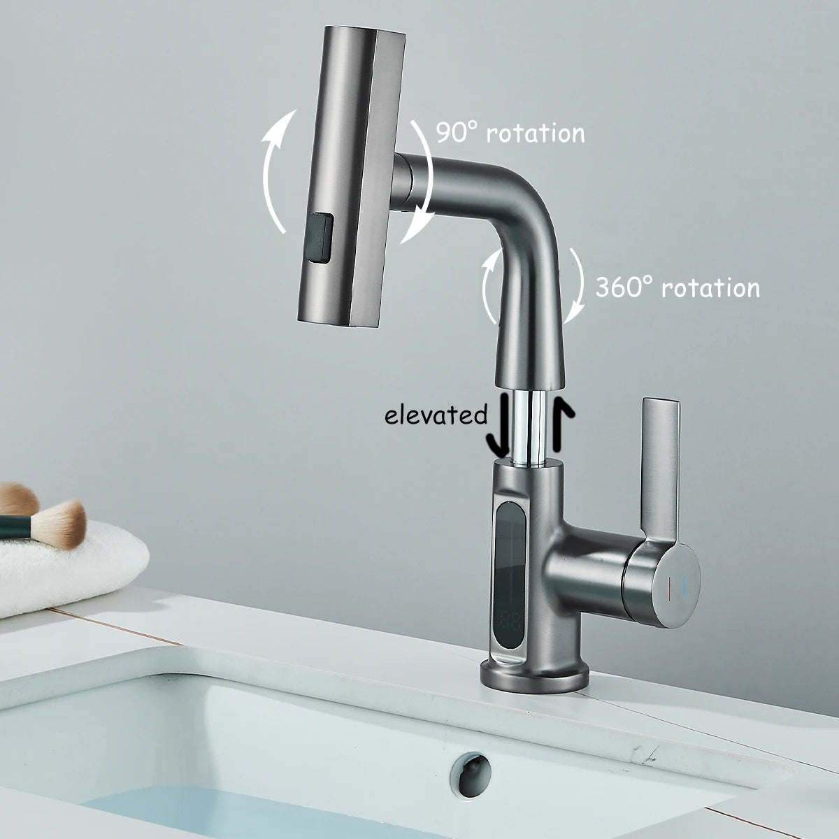 Temperature Digital Display Basin Faucet Pull Out Hot Cold Water Mixer Tap Lift Up Down Stream Sprayer Wash Crane For Bathroom