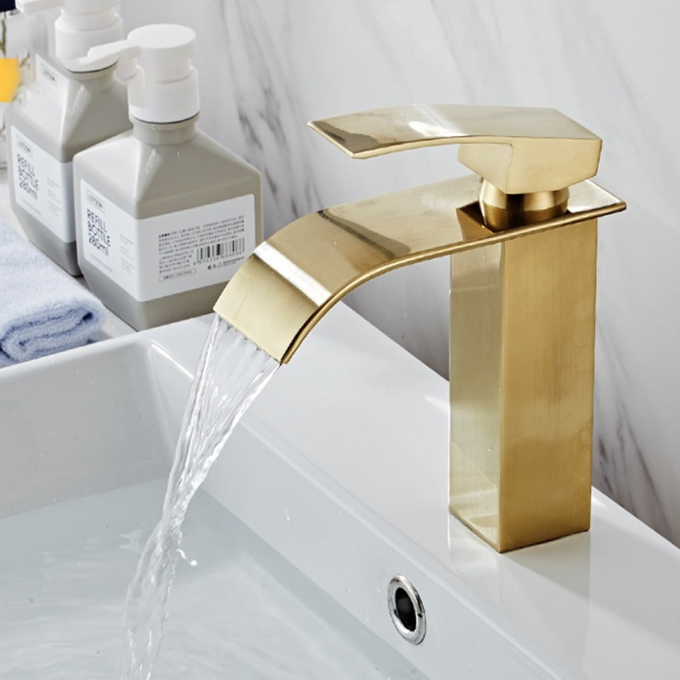 Brushed Gold Tall Bathroom Sink Faucet Waterfall Bathroom Faucet for Vessel Sinks Single Handle Bathroom Vanity Faucet