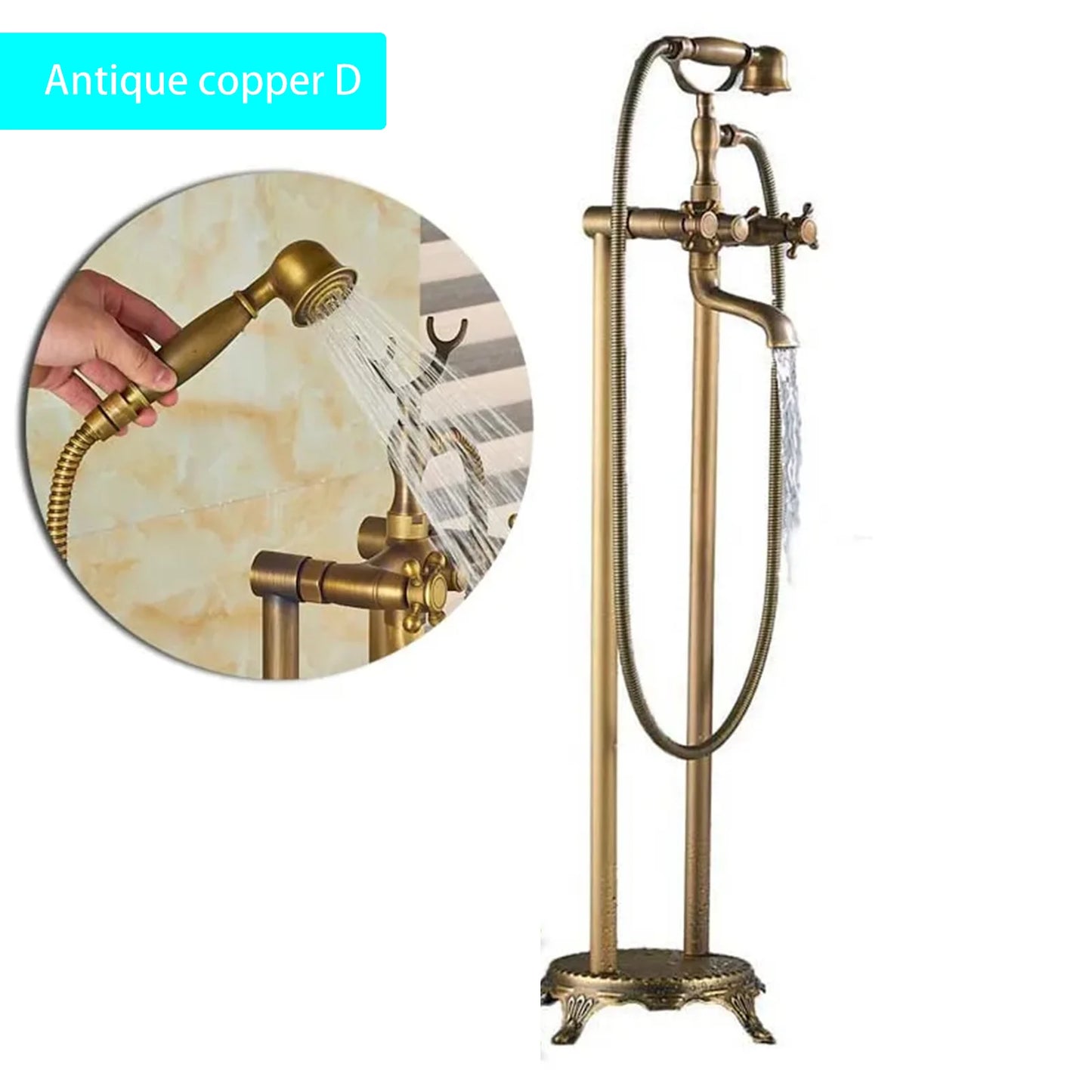 Floor Standing Double Tube Double Handle Bathtub Faucet Set for Bathroom With Rainfall Handshower Tub Faucet Freestanding Crane