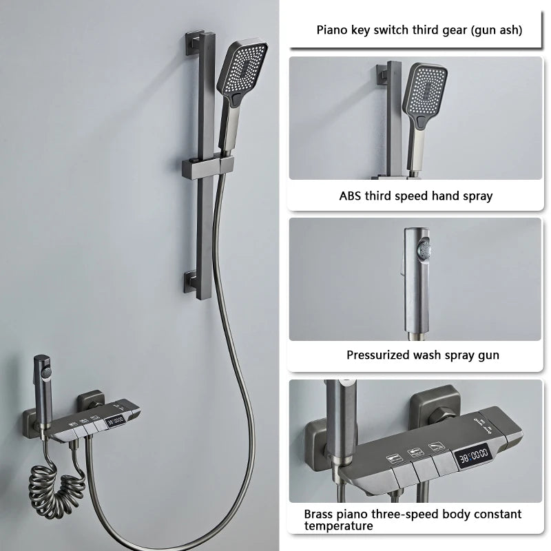 White Grey Deluxe Shower System Set Bathroom Rain Pressurized Shower Faucet Set Brass LED Digital Bathtub Shower Faucet Full Set