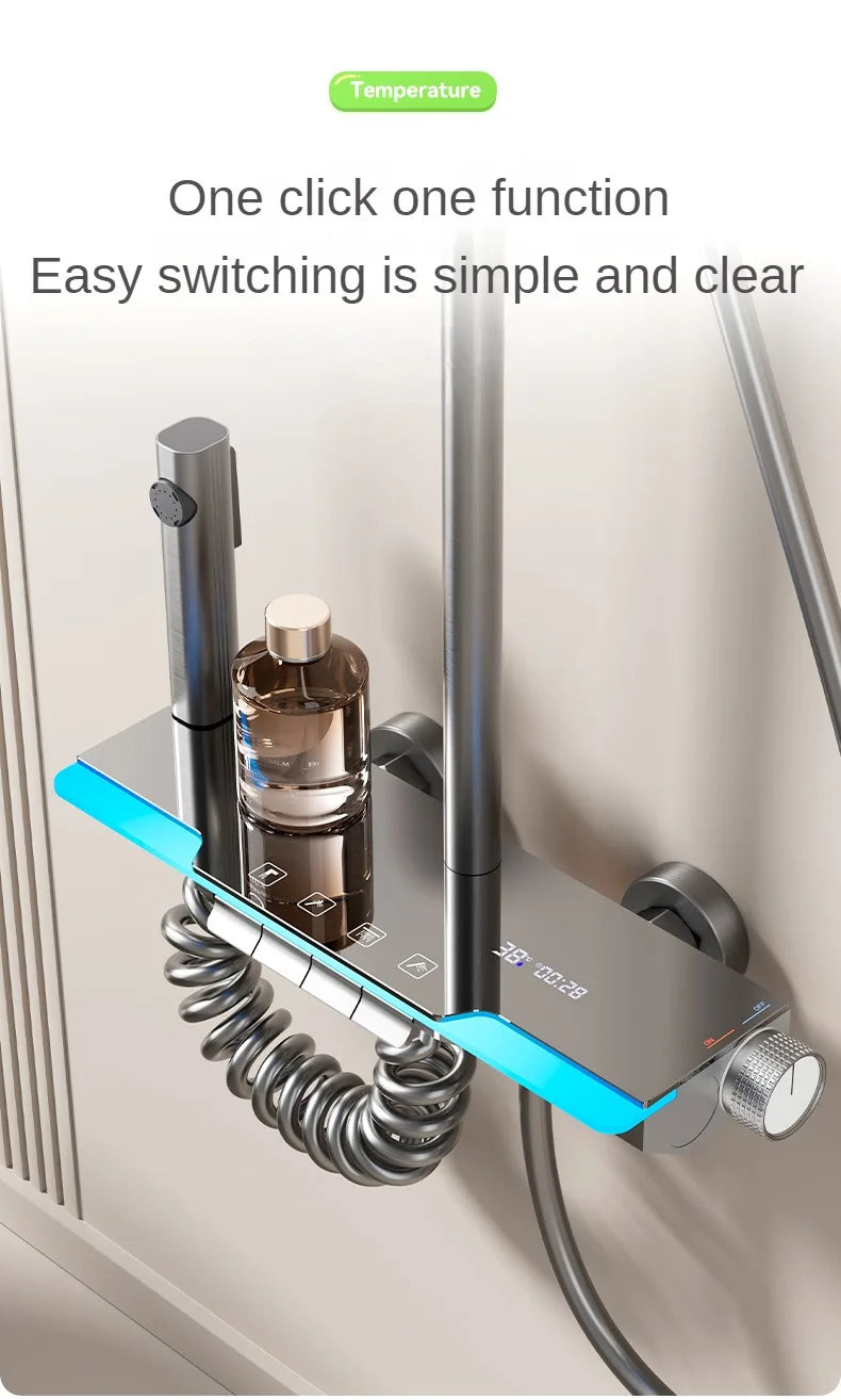 Smart Temperature Digital Display Luxury Shower System Bathroom Wall Mount Piano Key 4 Function Water Outlet Shower Faucet Set