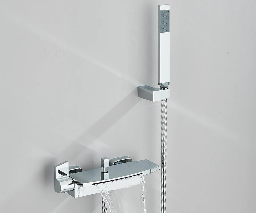 Black Waterfall Bathtub Shower Faucets Wall Mount Shower With Handheld Shower Mixer Tap Faucets Hot Cold Bath Shower Tap