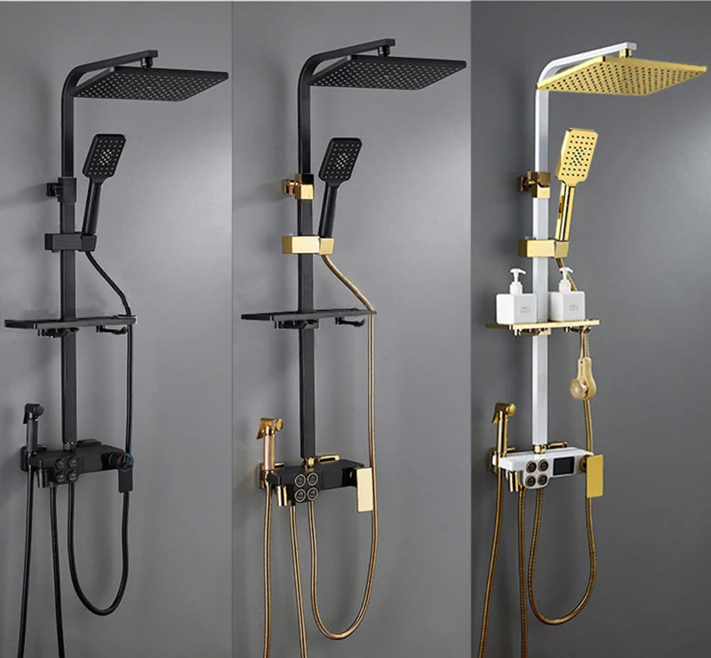 Bathroom Shower Set Black Gold Rain Shower Faucet Thermostatic Digital Display Shower Mixer Taps Copper Shower Systems for Bath