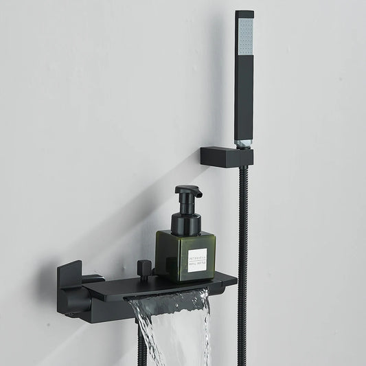 Black Waterfall Bathtub Shower Faucets Wall Mount Shower With Handheld Shower Mixer Tap Faucets Hot Cold Bath Shower Tap