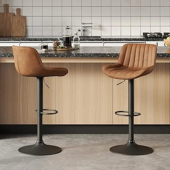 Mid Century Modern Faux Leather Swivel Adjustable Height Bar Stool Set of 2