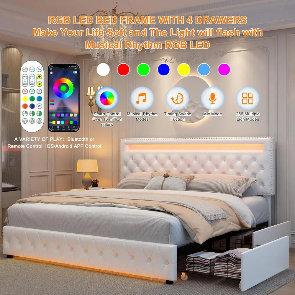 Queen Led Bed Frame with 4 Storage Drawers and Smart Control LED Lights