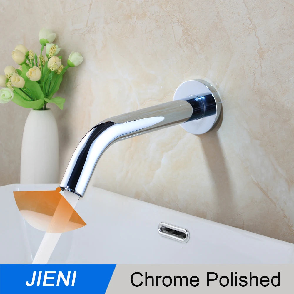 JIENI Black Chrome Lavatory Bathroom Faucet Wall Mount Sensor Faucet Automatic Free Touch Sensor Bathroom Sink Mixer Tap Faucet