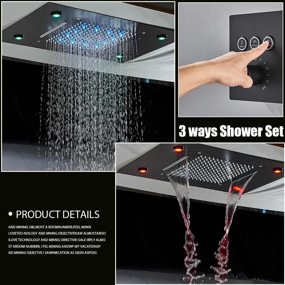 Black LED Constant Temperature Shower Faucet Luxury 3-way RainShower Celling System Tap Color Change Modern Showers for Bathroom