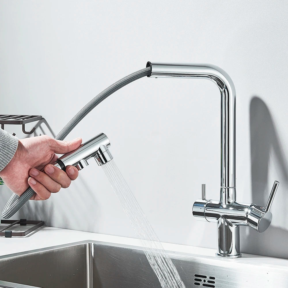Filtered Kitchen Sink Faucet with Pull Down Sprayer 2 Handle 3 in 1 Water Filter Purifier Faucet Dual Sprayer Drinking Water Tap