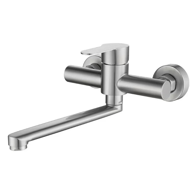 Wall Mount Kitchen Faucet Stainless Steel 360 Rotate Spout Bathroom Basin Faucet Hot and Cold Water Dual Hole with Sprayer Head