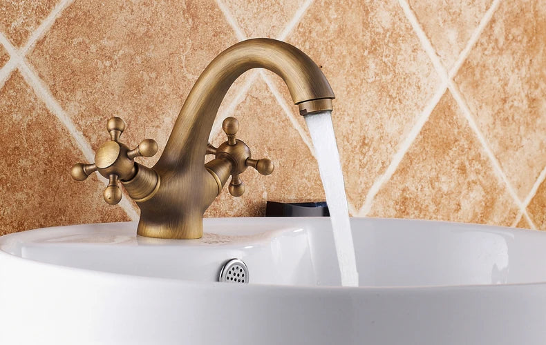 Dual Handle Antique Basin Faucet Hot and Cold Water Crane Bronze Sink Faucet Bathroom Vintage Mixers Taps Gold