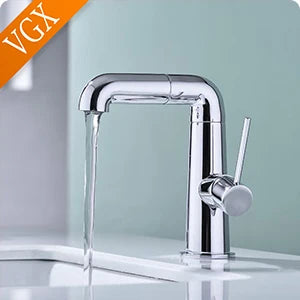 VGX Multifunctional Bathroom Faucets Pull Out Basin Mixer Sink Faucet Gourmet LED Temperature Tap 360° Tapware Crane Brass White