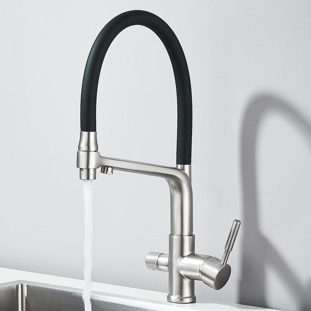 Brushed Gold Kitchen Faucet Filtered Water Dual Spout Purification Feature Kitchen Tap 360 Rotation Water Crane For Kitchen