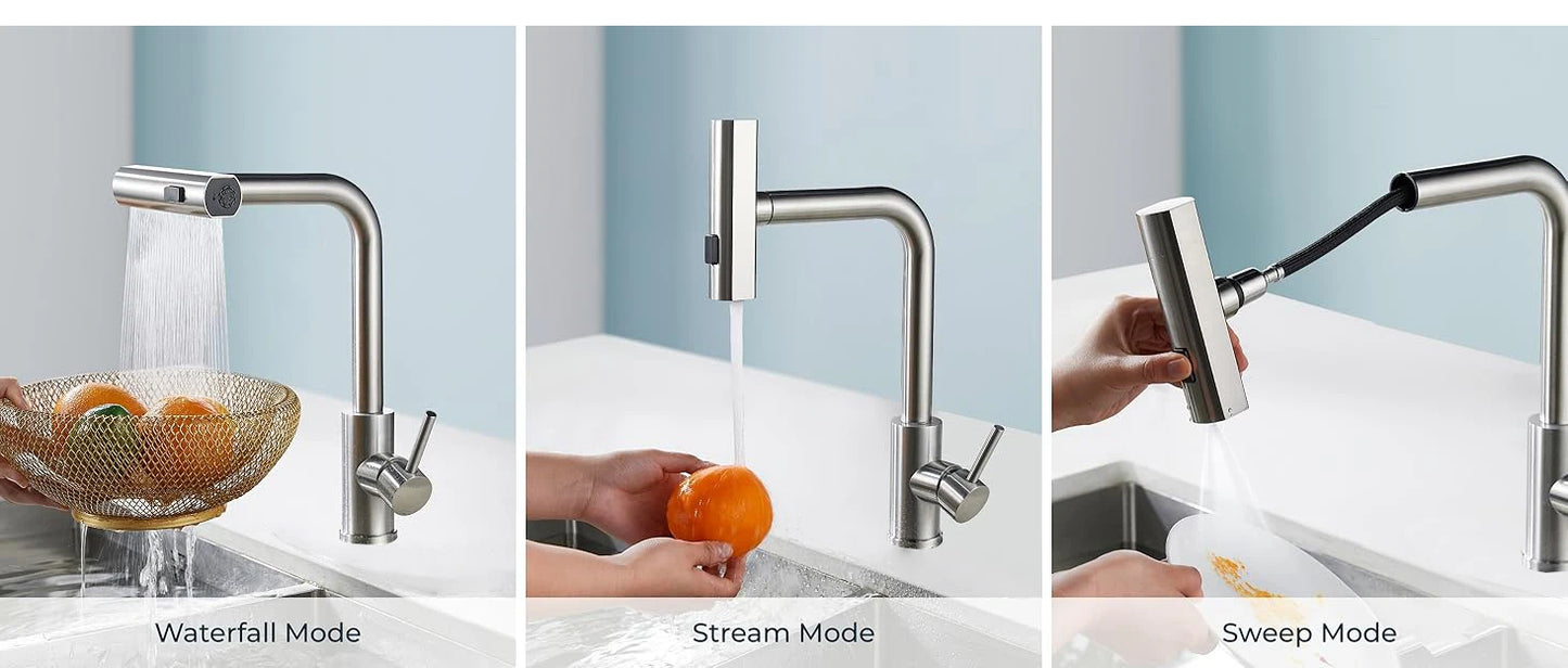 4 Modes Waterfall Kitchen Faucet Stream Sprayer Stainless Steel Hot Cold Single Hole Deck Mounted Water Sink Mixer Wash Tap 3668