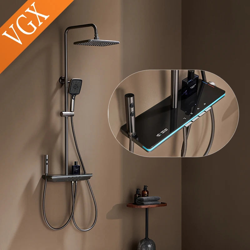 VGX Thermostatic Shower System Set Smart Digital Bathroom Shower Faucet Set Temperature Display Rainlfall Bathroom Shower Set