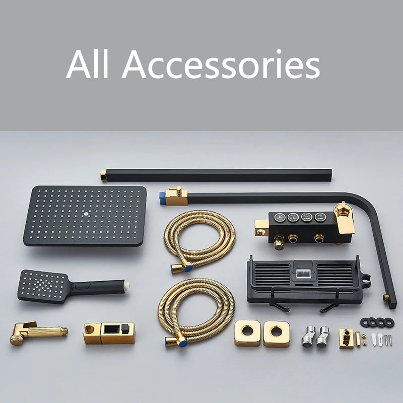 Black Gold Brass  Rainfall Shower Faucet Set Stainless Steel Liftable Shower Hot Cold Mixed Water Bathtub Mixer System