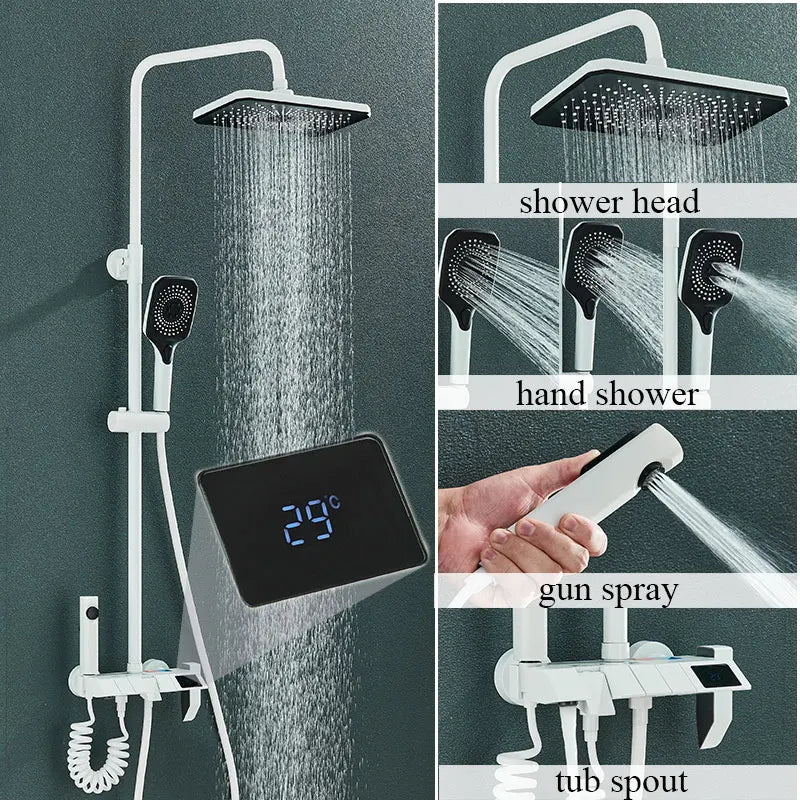Brass Piano Smart Shower Faucet Set Bathroom Digital Display Shower Faucet Wall Mount Mixer Crane Shower Set With Bidet Sprayer