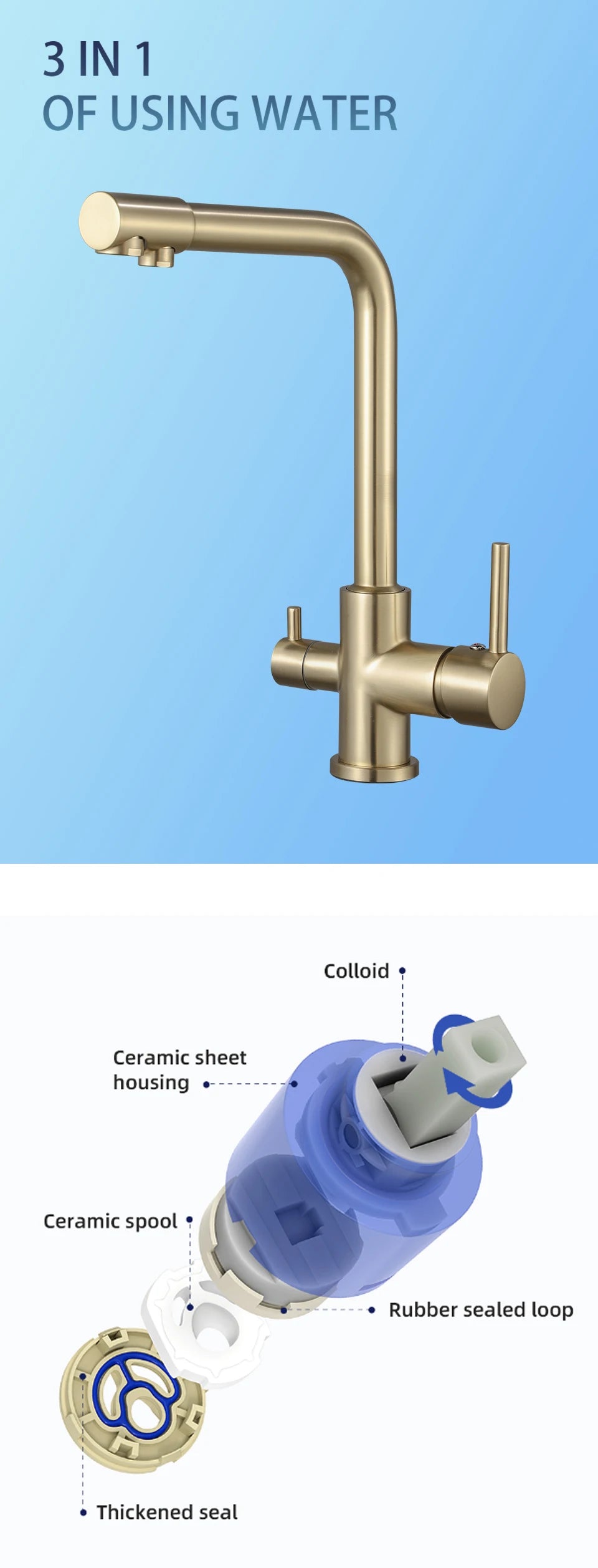 ULA Filtered Kitchen Faucet Gold Purifier Faucet Dual Sprayer Drinking Water Mixer Tap Nozzle Brass Kitchen Sink Mixer Torneira