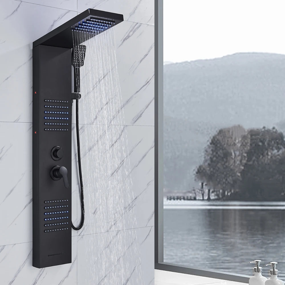 Black LED Shower Panel Tower System Rain Waterfall Shower Column Hydroelectricity Massage Body Spa Bath Shower Faucet Mixer