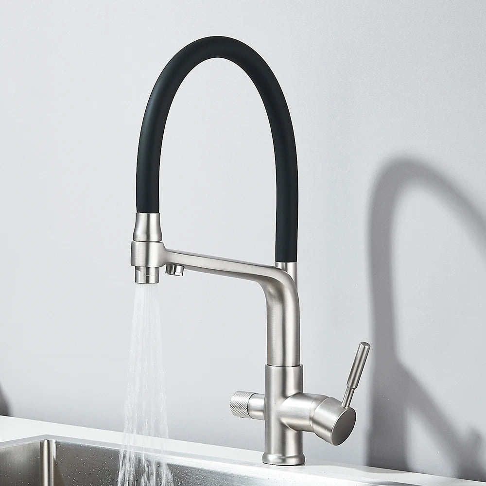 Brushed Gold Kitchen Faucet Filtered Water Dual Spout Purification Feature Kitchen Tap 360 Rotation Water Crane For Kitchen