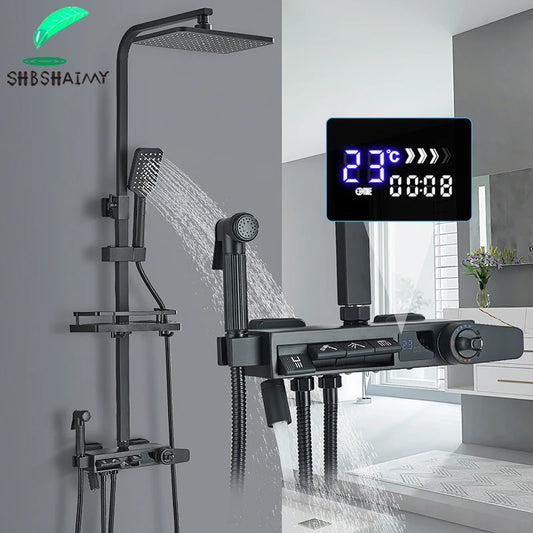 Black Thermostatic Digital Display Shower Faucet Set Rainfall Shower Column Wall Mounted Bathtub Tap With Shelf and Bidet