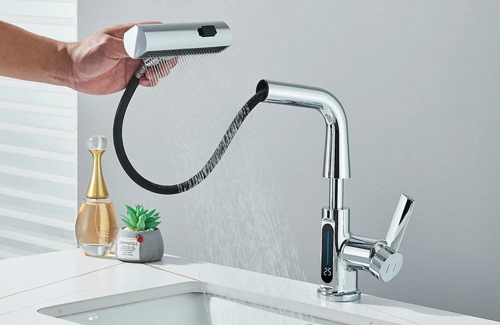 Waterfall Temperature Digital Display Basin Faucet Lift Up Down Stream Sprayer Hot Cold Water Sink Mixer Wash Tap For Bathroom