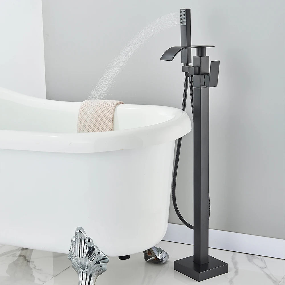 Floor Standing Faucet Bathtub Shower Floor Mounted Tub Filler Faucet Brass Bathroom Tub Faucets with Hand Shower