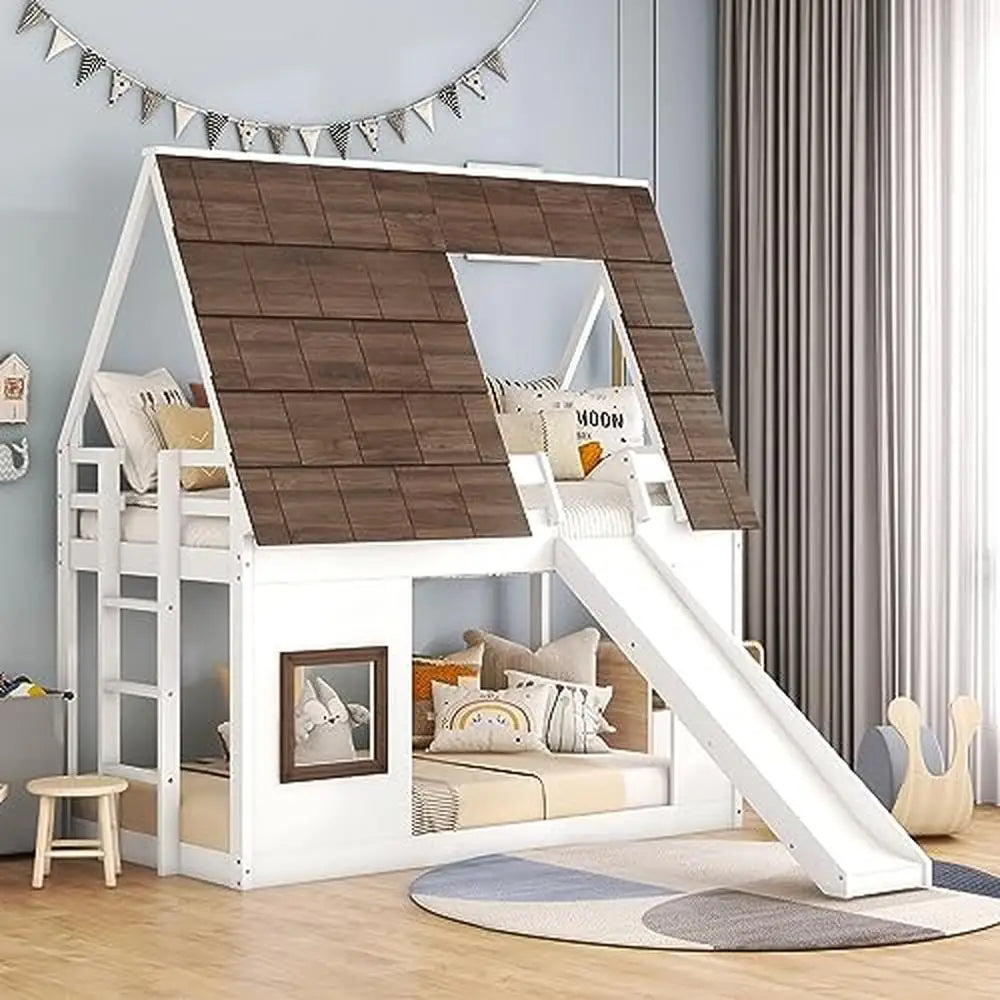 Wooden Twin Bunk Beds with Slide and Playhouse Design