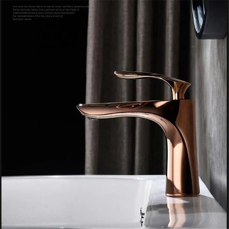 Tuqiu Rose Gold Bathroom Faucets Brief Basin Faucet Sink Mixer Tap Hot & Cold Deck Mounted Lavatory Crane Water Tap