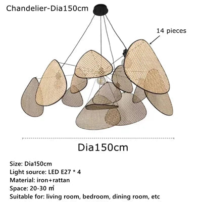 Modern Living Room Pendant Lamp Dining Room Leaf Grid Rural Hand Made Rattan Art Screen Cchandelier Bedroom Home Decor 110V 240V