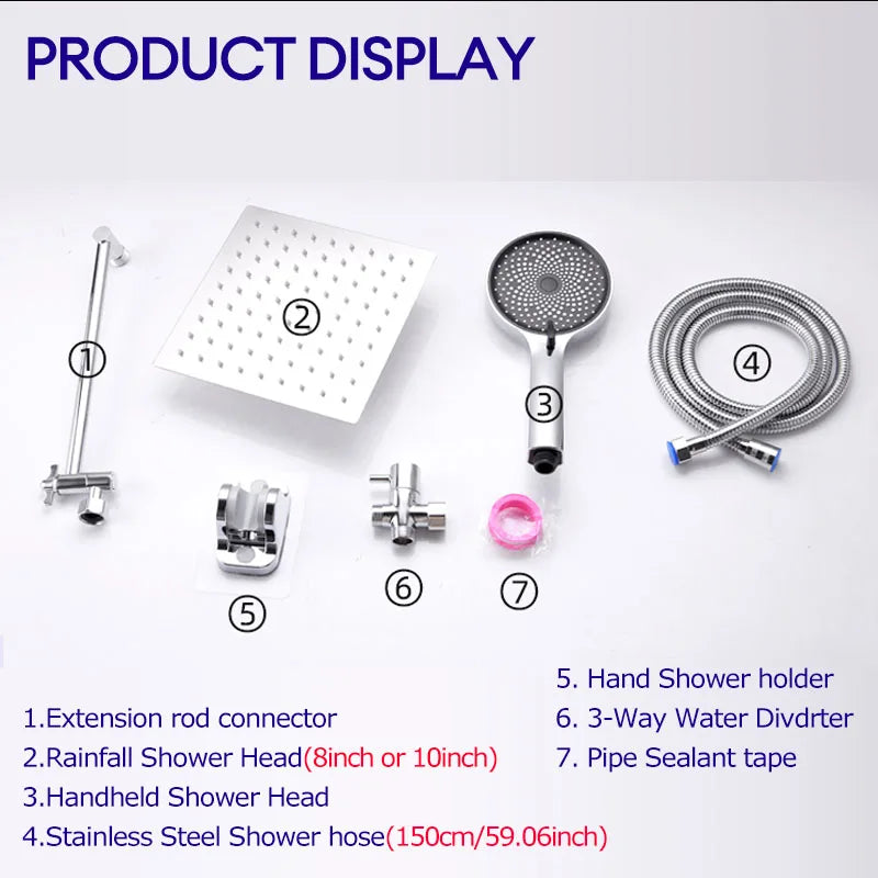 Baokemo 3-function Handheld Shower with Stainless Steel Angle Adjustable Extension Arm, 8-inch/10 Inch Square Top Sprayer Shower