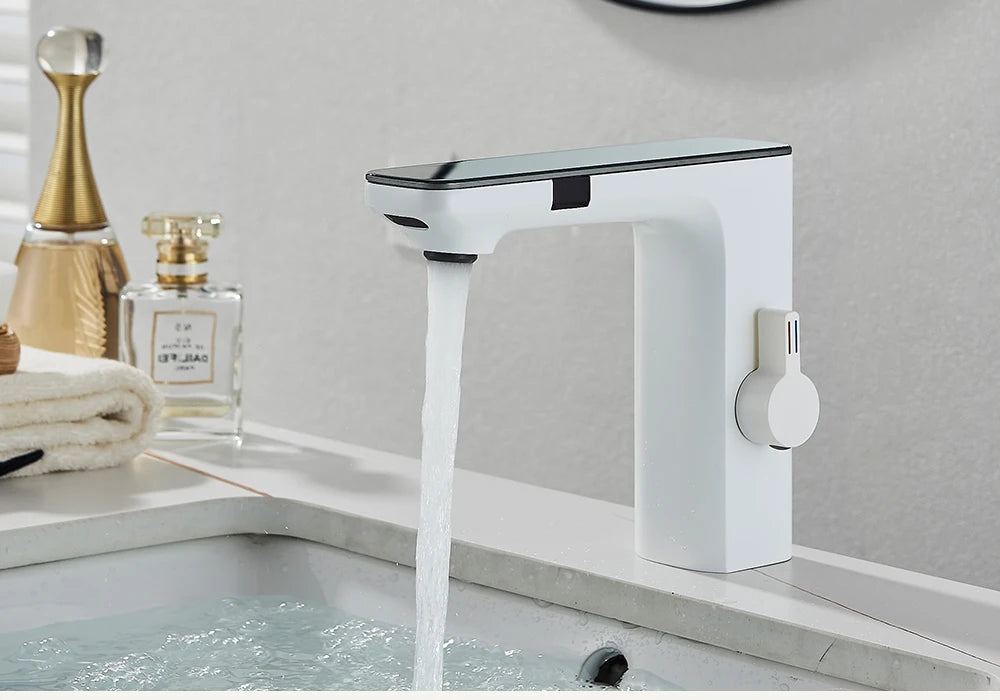 Touchless Sensor Basin Faucet Brass Smart Digital Display Bathroom Sink Faucet Grey Sense Hot Cold Water Mixer Tap Battery Power