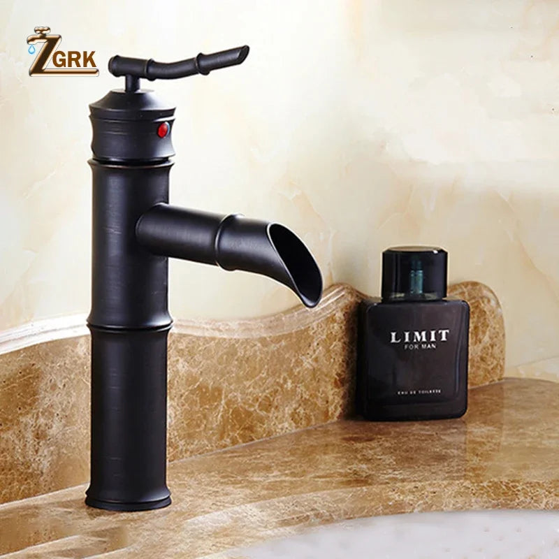 ZGRK Black Waterfall Bathroom Sink Faucet Vessel Tall Bamboo Water Tap Retro Brass Basin Faucets Single Hole Sink Mixer Tap