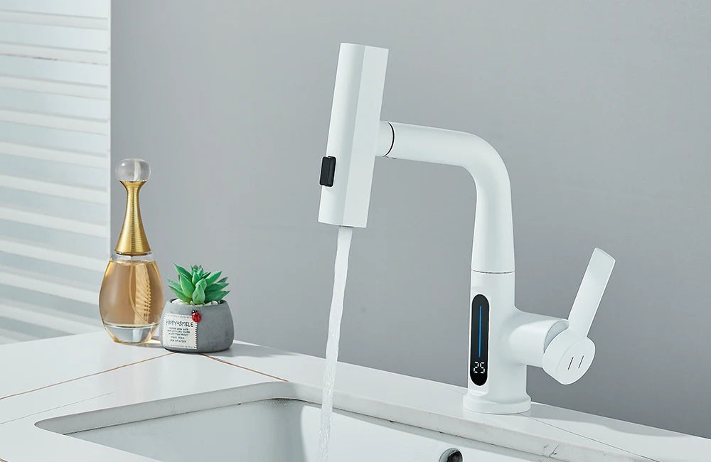 Waterfall Temperature Digital Display Basin Faucet Lift Up Down Stream Sprayer Hot Cold Water Sink Mixer Wash Tap For Bathroom