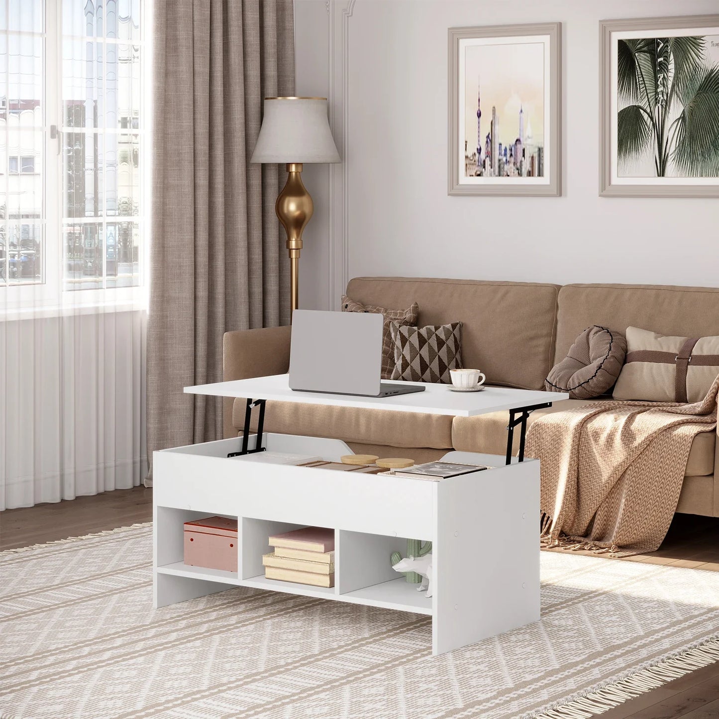 Liftable Coffee Tea Table with Storage White Side Table Height-adjustable Rectangular Sofa Table for Living Room Bedroom