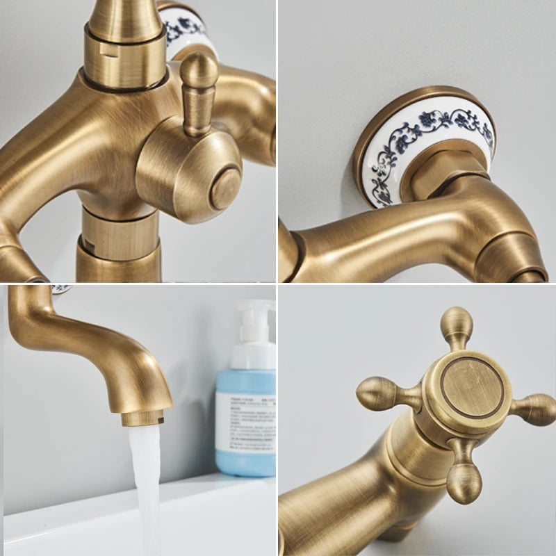 Shinesia Antique Brass Bathtub Shower Faucets Set Wall Mounted Bathroom Faucet With Shower Golden Bath Mixer