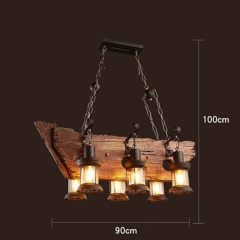 Antique Industry Vintage Wood E27 LED Ceiling Chandelier