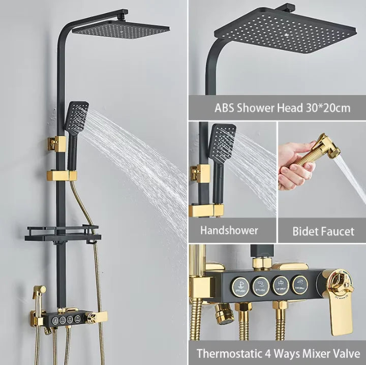 Black Thermostatic Digital Display Shower Faucet Set Rainfall Shower Column Wall Mounted Bathtub Tap With Shelf and Bidet