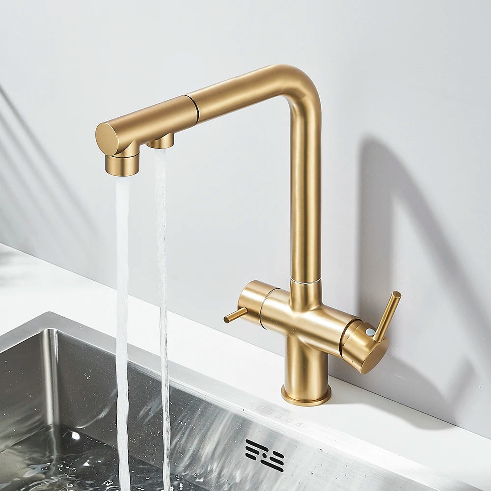 Filtered Kitchen Sink Faucet with Pull Down Sprayer 2 Handle 3 in 1 Water Filter Purifier Faucet Dual Sprayer Drinking Water Tap