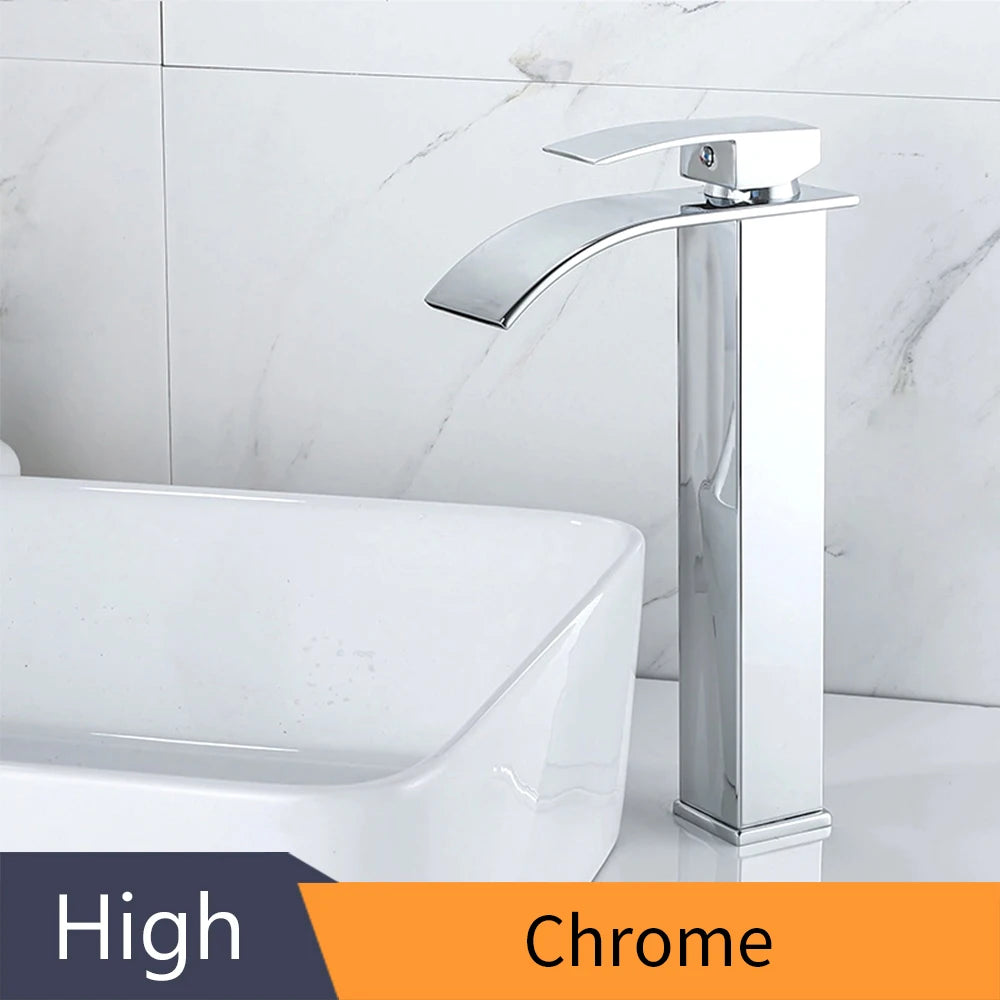 Basin Faucets Brass Silver Elegant Waterfall Bathroom Sink Faucet Single Lever Hole Deck Mount Big Square Spout Mixer Taps