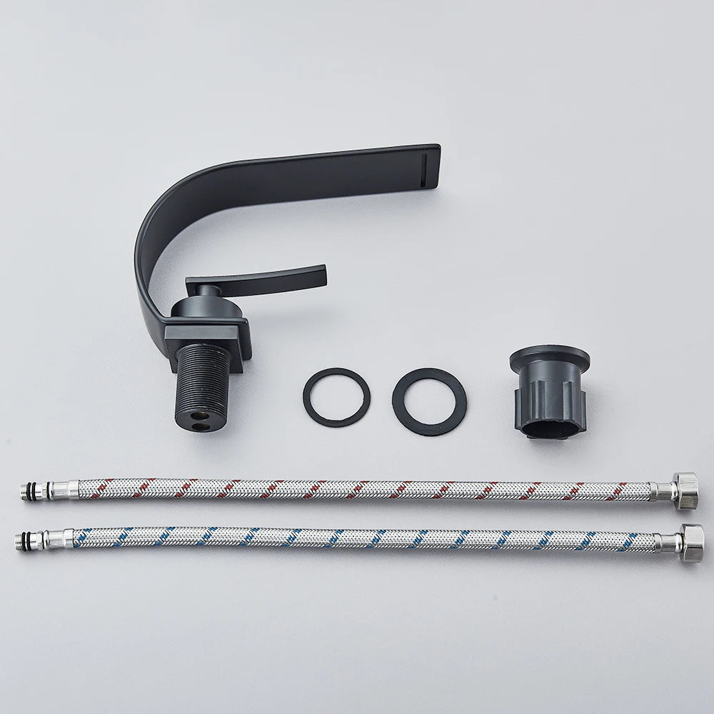 Black Thin style Bathroom Sink Faucet  Modern Mixer Hot Cold Water Tap Waterfall Deck Mounted Vessel Sink Faucet