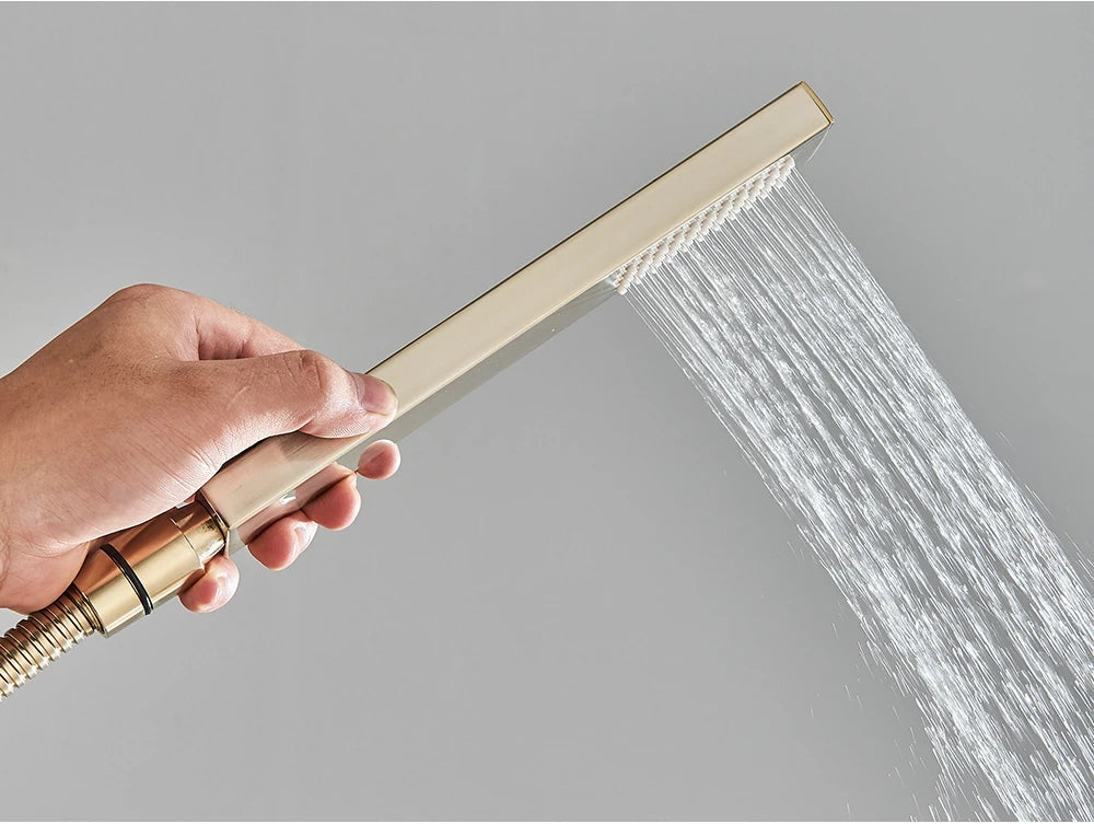 POIQIHY Brushed Golden Shower Faucets Wall Mount Concealed Shower Set Rainfall Bath Shower Mixers 2-3 ways Bathroom Mixer Tap